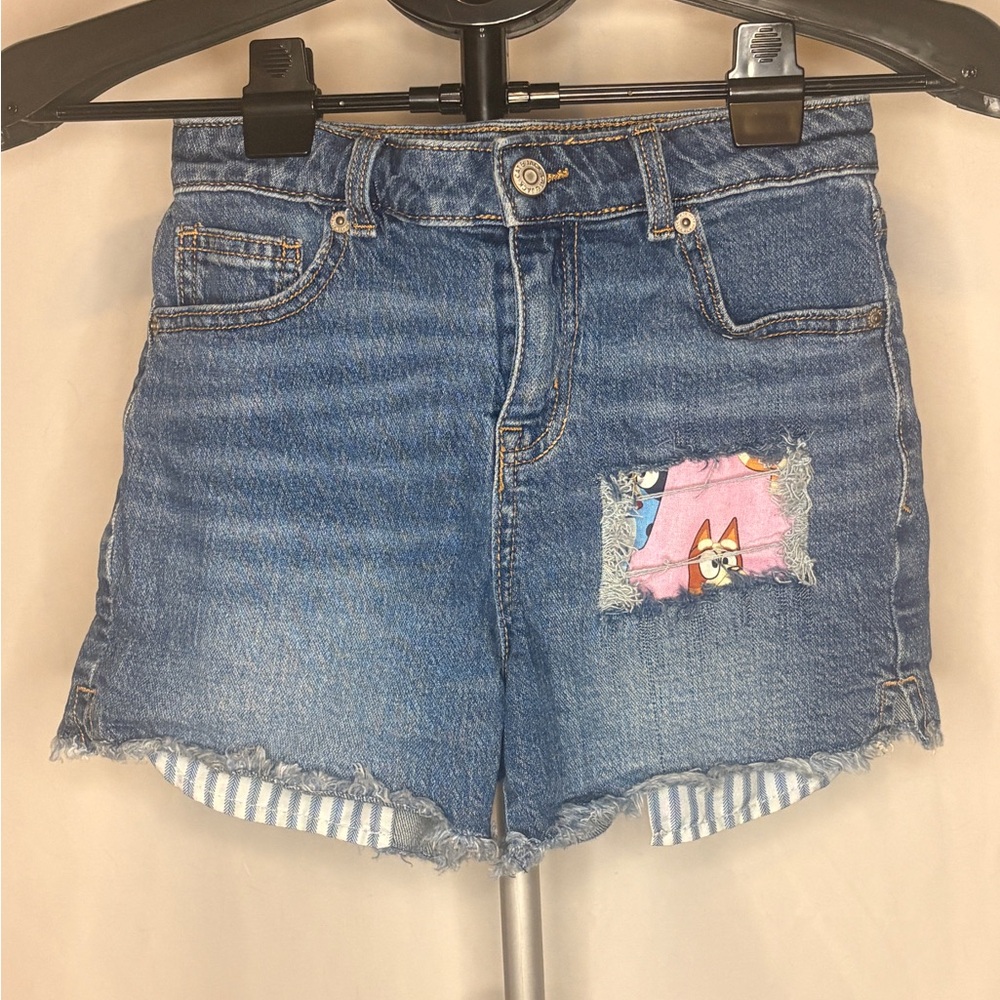 UpCycled Cat & Jack Girls Denim Shorts w/ Bluey Patches | Size 10/12